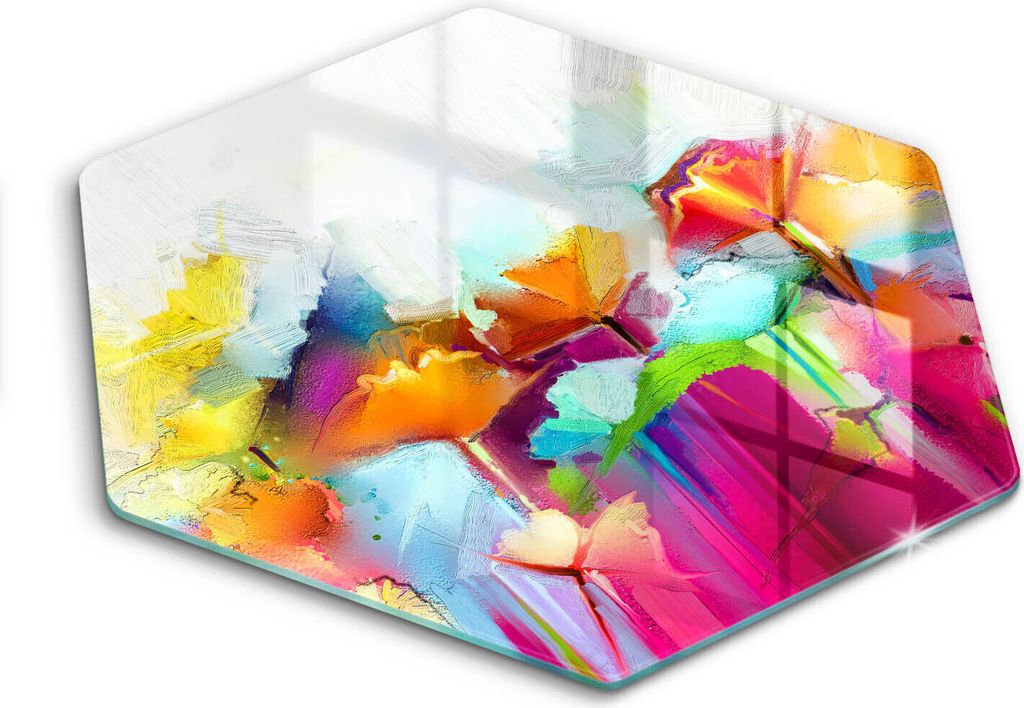 Glasschneideplatte - Herdabdeckplatte - Hexagon 40 cm -Schneidebrett - Spritzschutz - Blumen mit Farben gemalt
