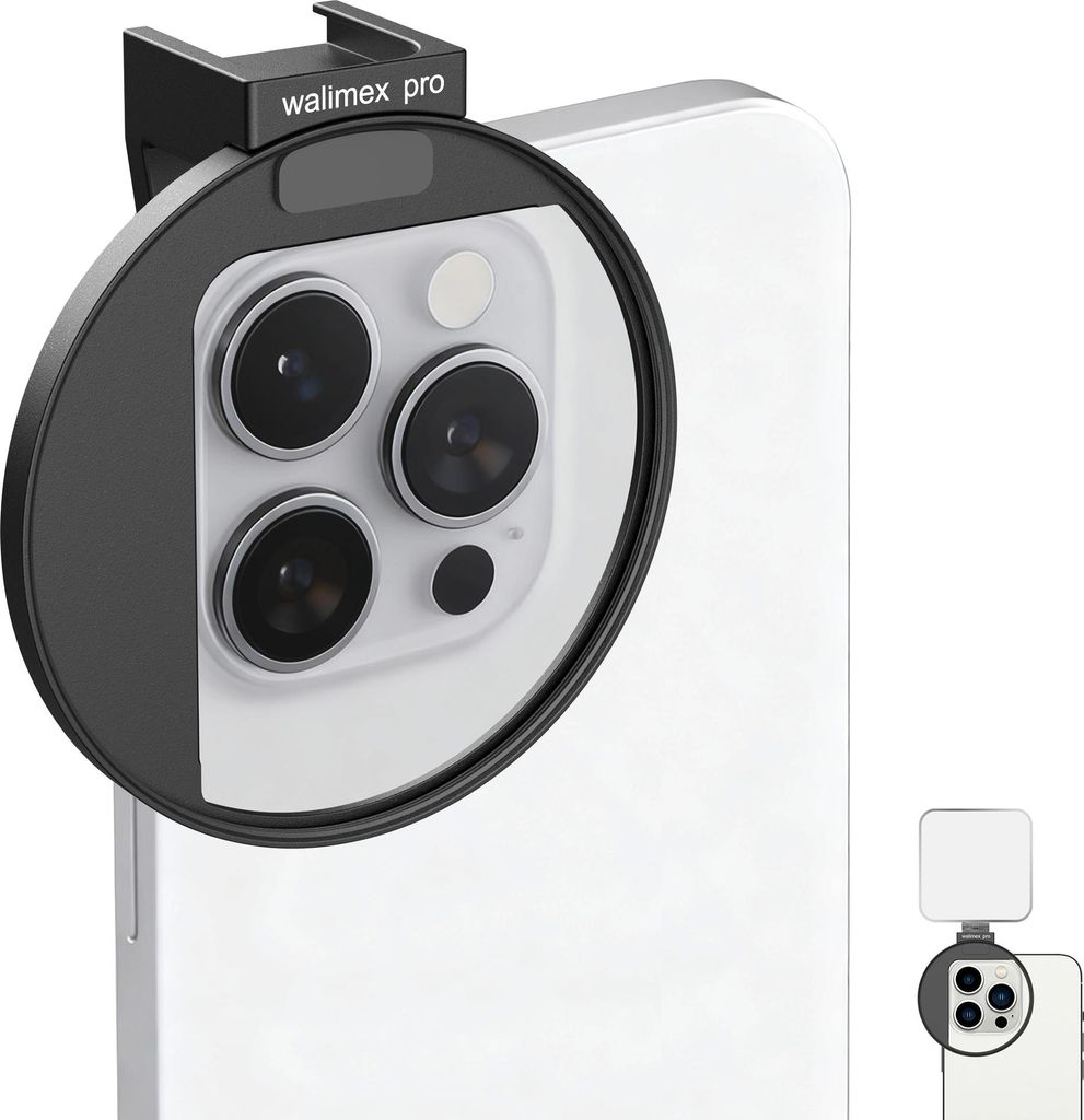 Walimex pro Filterhalter 67 mm für Handykamera, Cold Shoe Mount für LED und Mikrofon, professionelles Fotografieren mit Smartphone, Halterung fü...