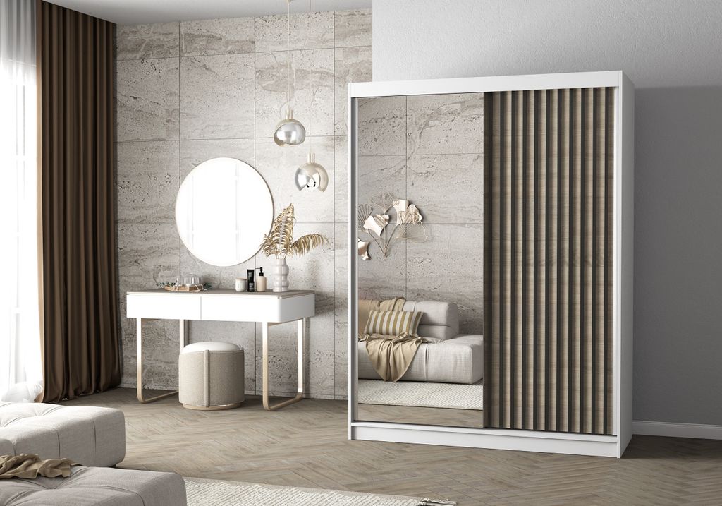 Easy4You Lami V Weiss/Sonoma Schiebetürenschrank Kleiderschrank 150x200x61 cm mit Spiegel - Schlafzimmermöbel, Aufbewahrung – Mehrzweckschrank ...