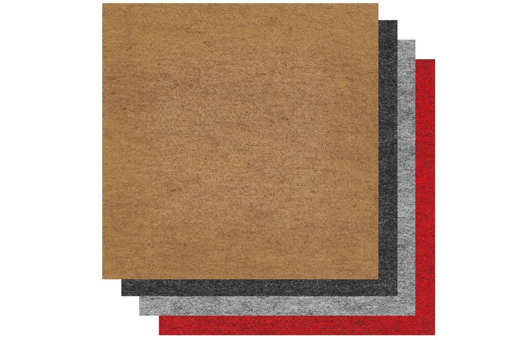 Selbstklebende Filzfliese Anthrazit. Farbmuster in Grau, Rot und Beige.