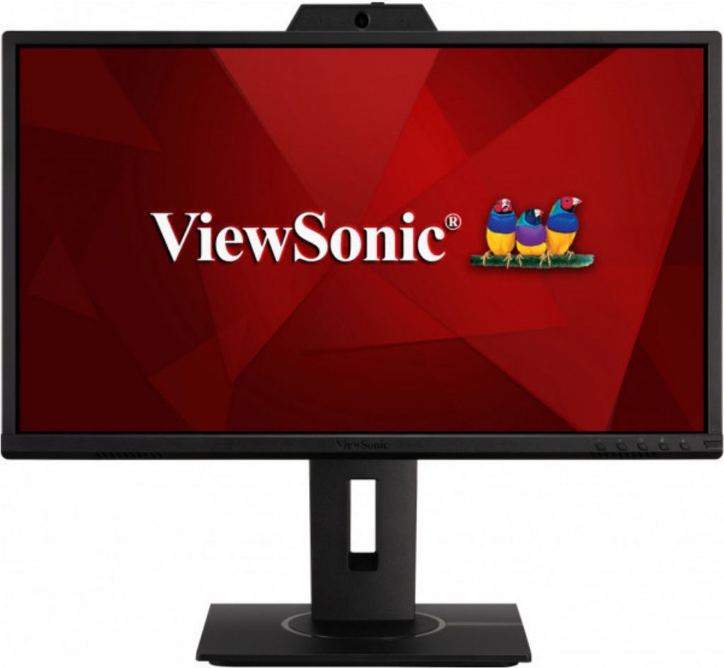 A ViewSonic monitor displaying the company logo and three small birds.