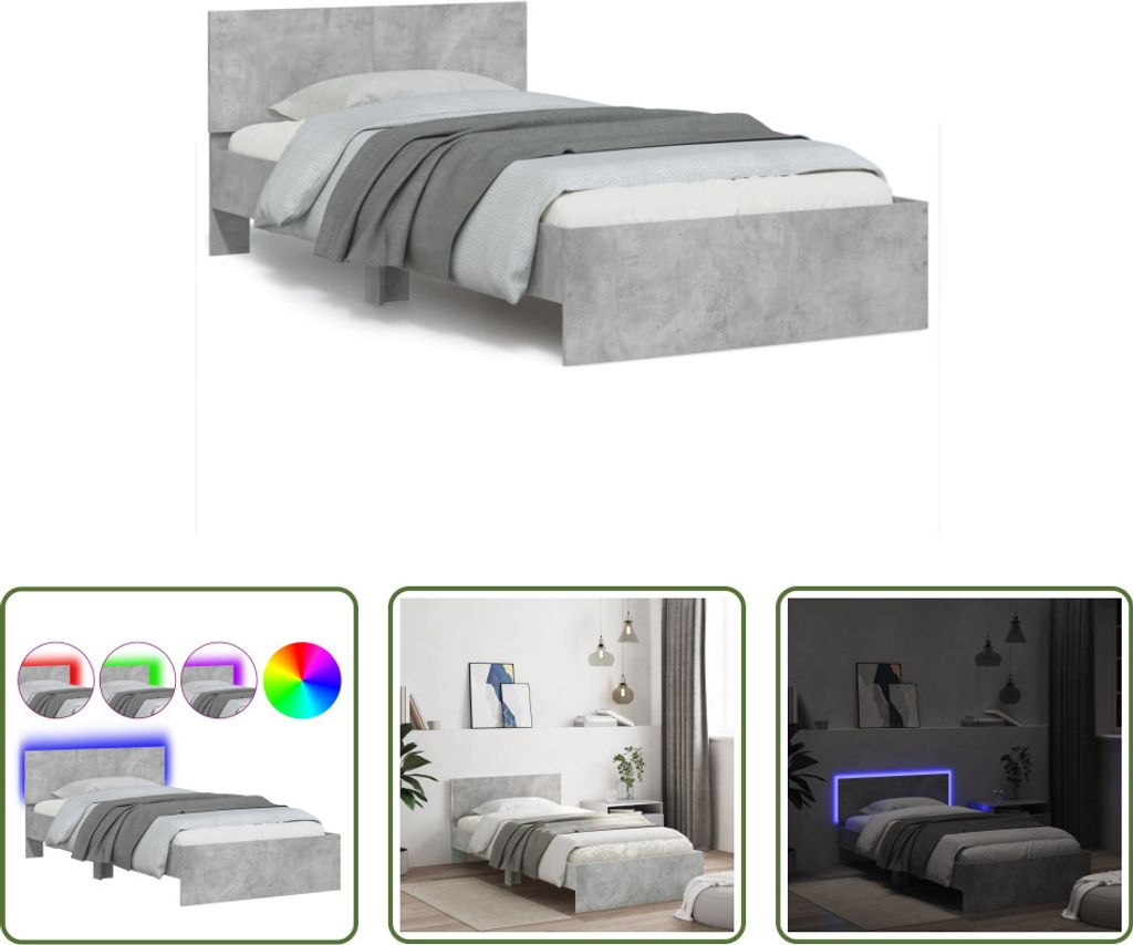 The Living Store Bettgestell mit Kopfteil und LED-Leuchten Betongrau 100x200 cm