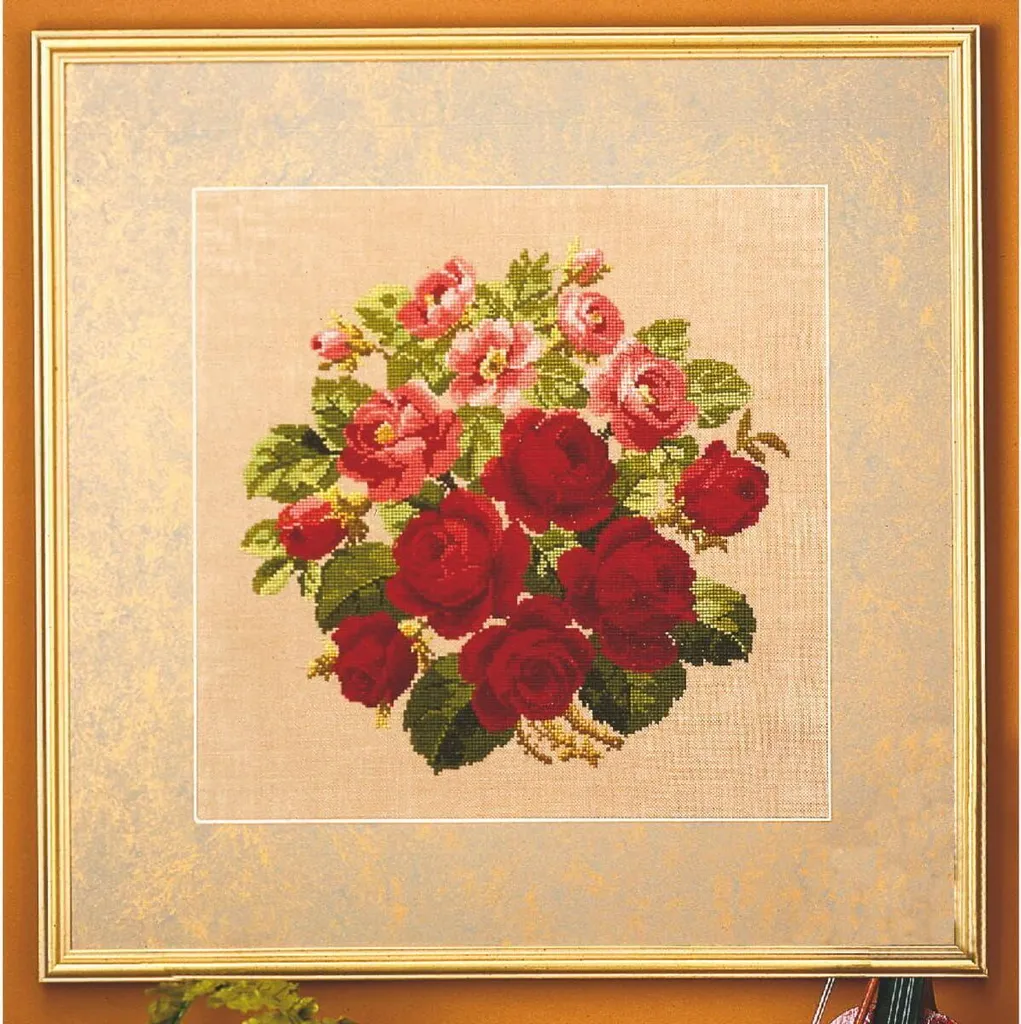 Tableau Roses à broder au point de croix compté Permin kit complet 42cm
