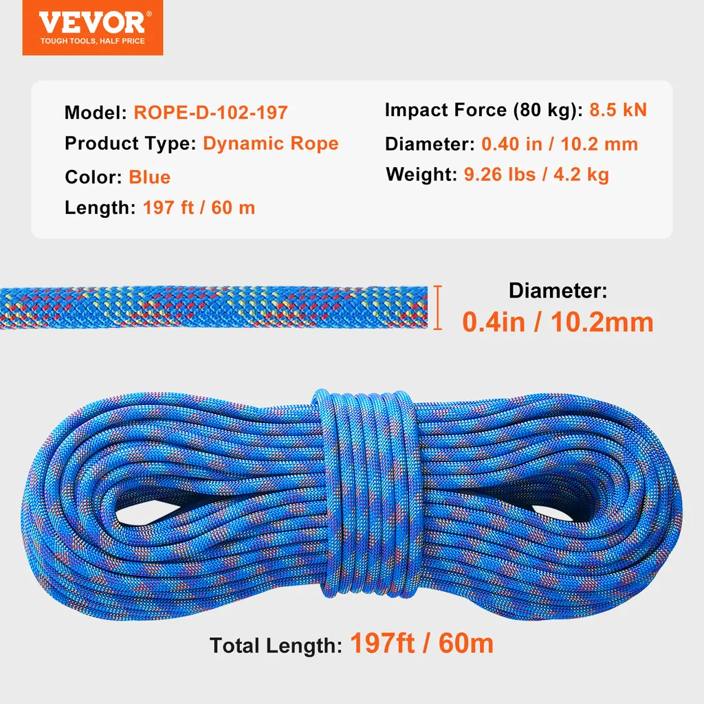 Corde d'escalade dynamique 60m VEVOR pour descente en rappel et secours