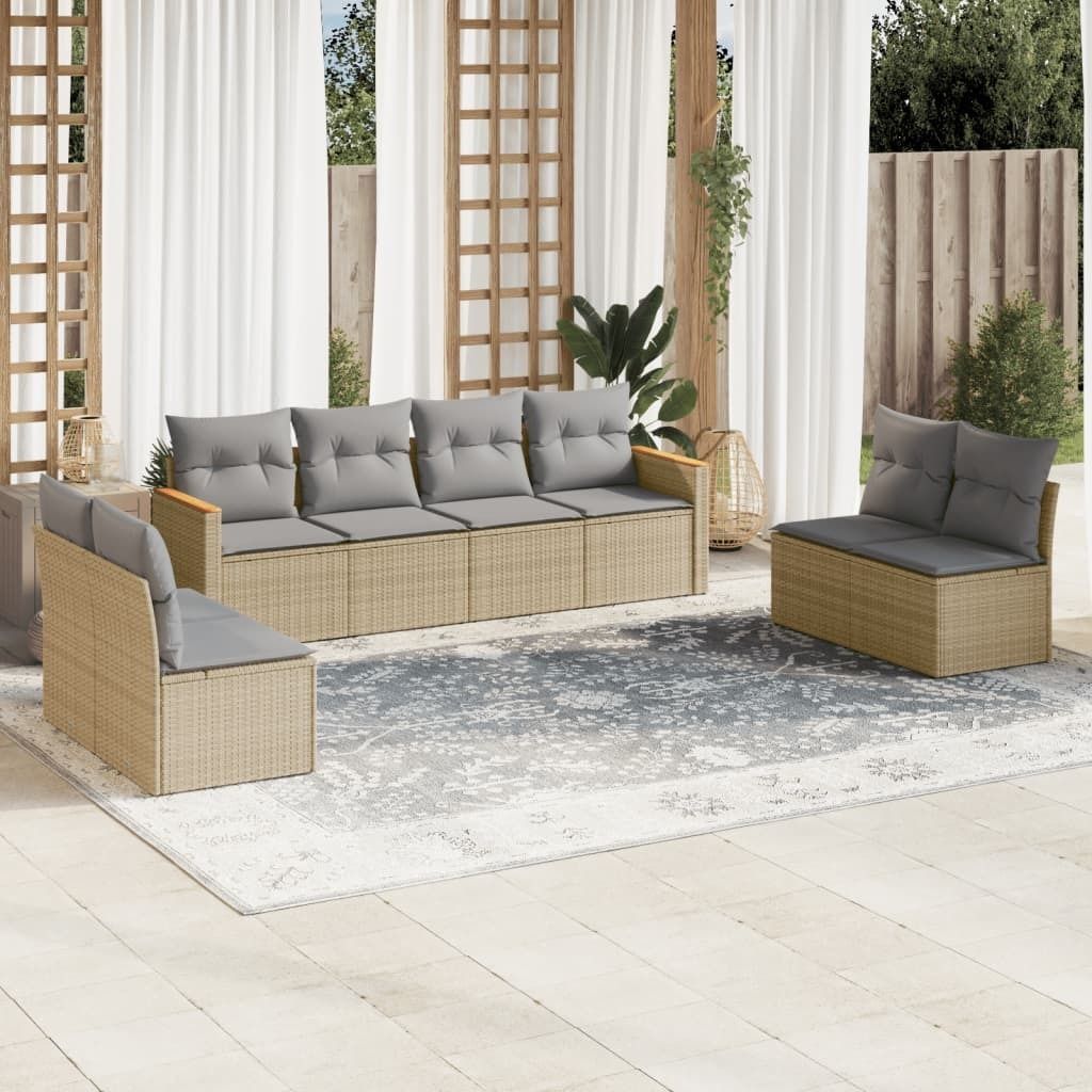 Design 8-tlg. Garten-Sofagarnitur mit Kissen Beige Poly Rattan, Gartenmöbel-Sets 2024 Neu