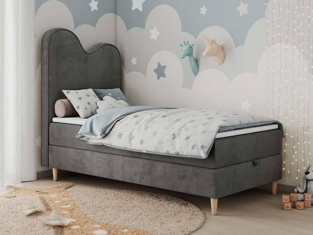 Boxspringbett, Einzelbett für Kinder, Jugendbett mit Matratze - FLOW - 90x160cm - Dunkelgrau - H3