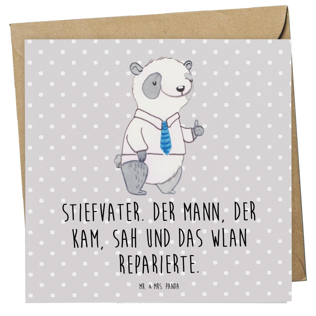 Mr. & Mrs. Panda Grußkarte Stiefvater Held - Grau Pastell - Geschenk, Jubiläen, Verwandte, Technik, doppelkarte, Familie, einzigartige Designs, f...
