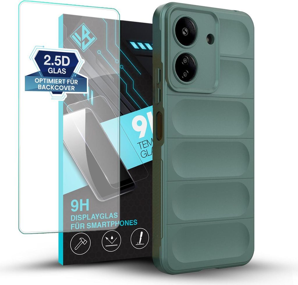 Handy Hülle für Xiaomi Redmi 13C mit 9H Displayglas Displayschutz Plus Grip Case Cover Schutzhülle Softgrip Farbe: Grün
