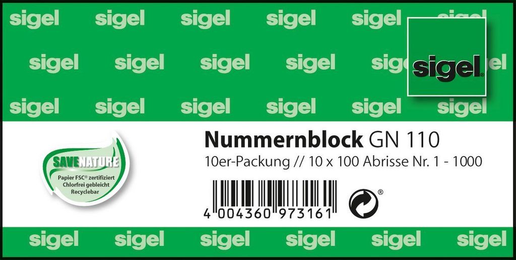 SIGEL GN110 Nummernblock, 10er-Pack, nummeriert 1-1000, Produktbild 