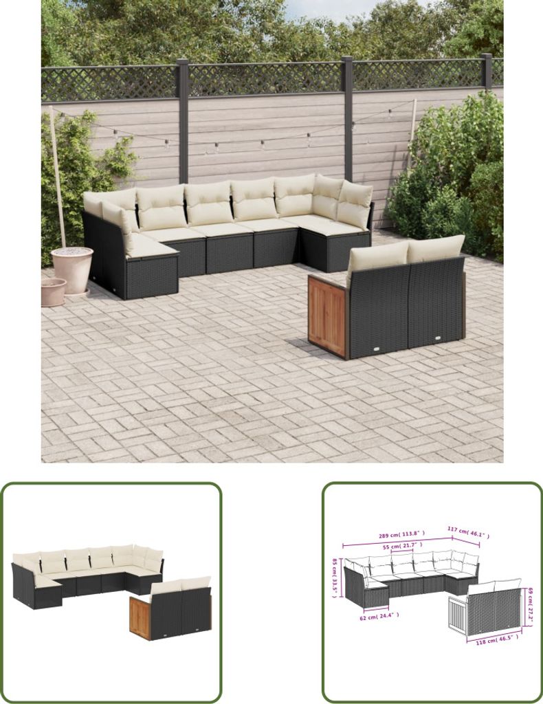 The Living Store 9-tlg. Garten-Sofagarnitur mit Kissen Schwarz Poly Rattan