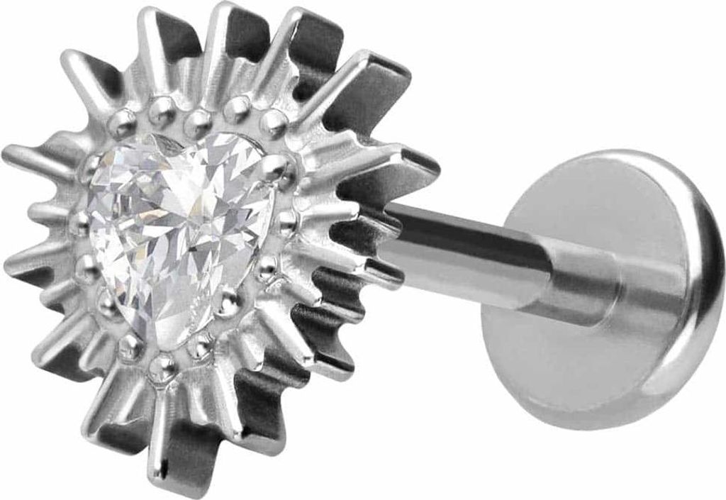 Ohrpiercing, Nasenpiercing Titan Labret mit Push Fit KRISTALLHERZ + SONNENSTRAHLEN Silber Stablänge: 9mm | Stabstärke: 1mm