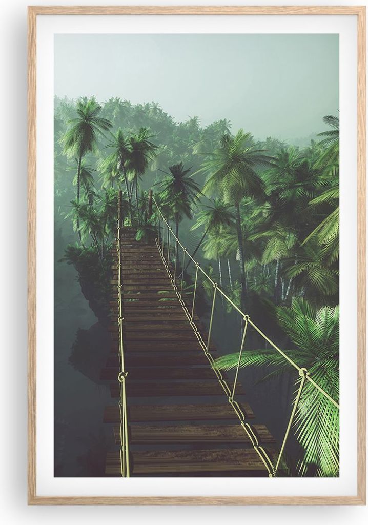 Gerahmtes Poster - Rahmen in heller Eiche - Dschungel Palme Brücke - 61x91,5 cm - Wand Bild - Wanddeko - Wandbilder - Wandposter - Bilderrahmen - ...
