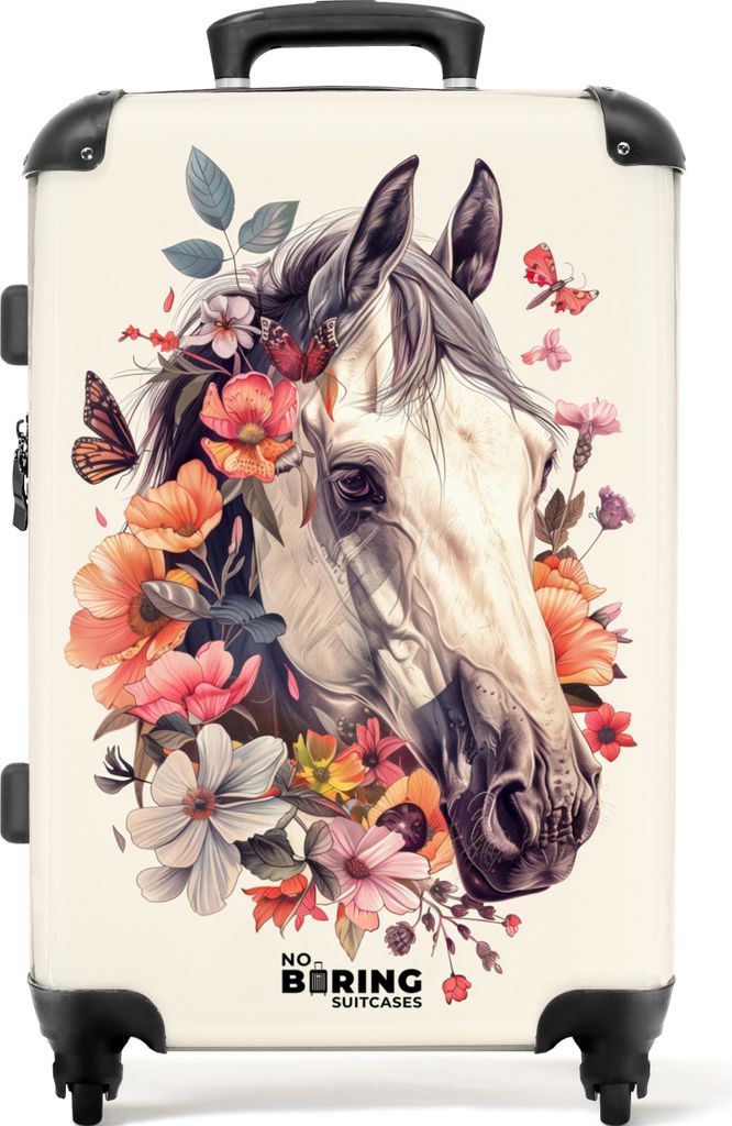 NoBoringSuitcases.com Großer Koffer - Kopf eines weißen Pferdes, umgeben von Blumen und Schmetterlingen - Kombinationsschloss TSA - Hartschalen...