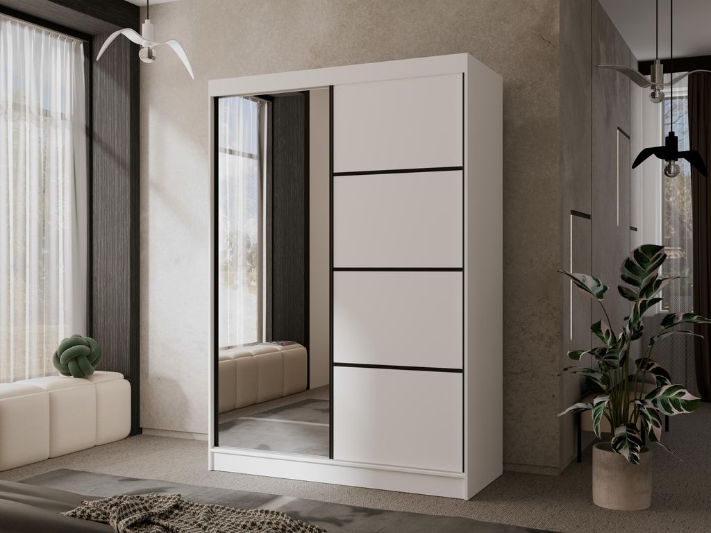 Modern Kleiderschrank mit Spiegel Matteo II 150 cm Spiegelschrank mit 2 Schiebetüren weiß Schrank Garderobenschrank, Farbe: Weiß, Schwarz Alumin...