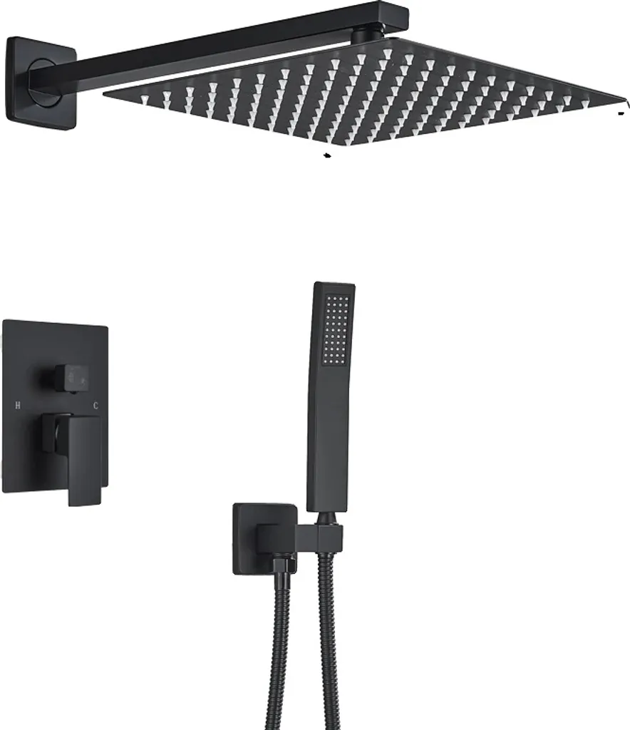 Set Soffione Doccia a Pioggia Nero 20x20 Acciaio Inox Design Slim