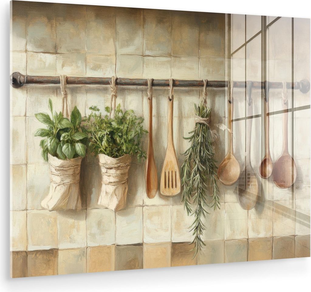 MuchoWow Glasbilder - Bilder auf Wandbild - Foto auf Glas Holz - Küchengeräte - Stilleben - Kacheln 80x60 cm Wanddekoration aus Glas - Acrylglasb...