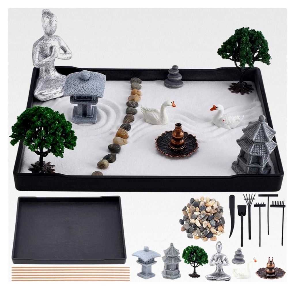 Mini Zen Garten Set mit Yoga für den Schreibtisch - Japanischer Sandgarten für Home Office Desktop Entspannung (21x15,7 cm)