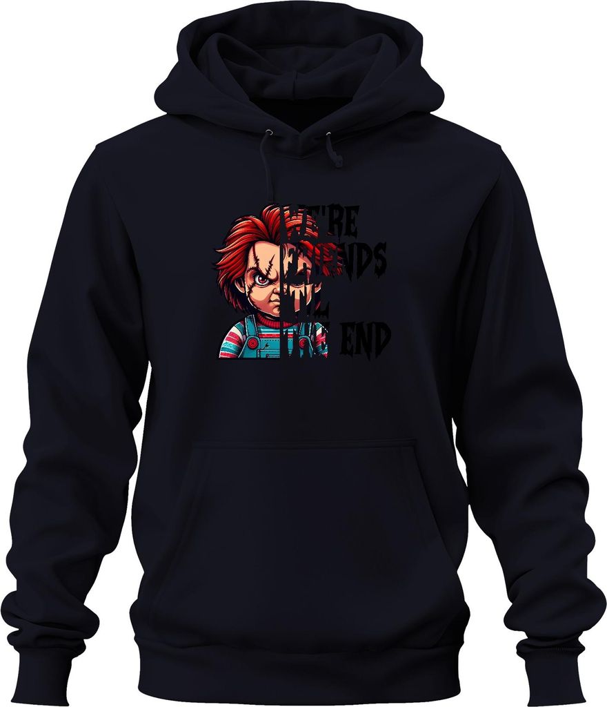 Chucky Puppe Horror Grusel Halloween Narbe Latzhose Rot Haar Uni Hoodie Kapuzenpullover, Navy, S