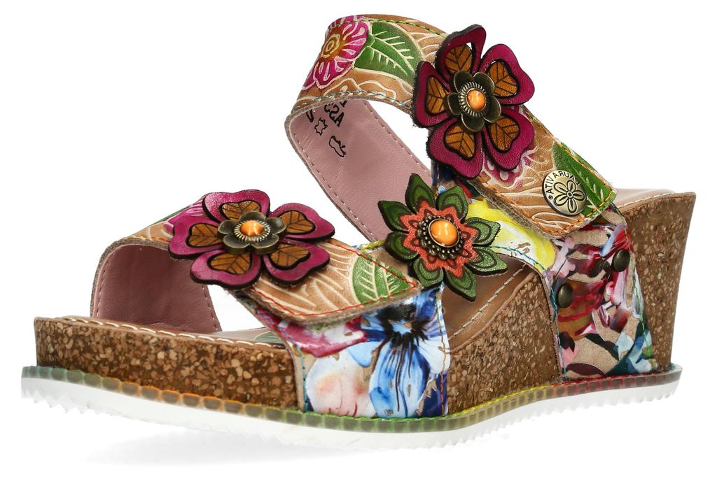 Laura Vita Damen Pantolette Blütenapplikation Keilabsatz in Korkoptik Bonito 31, Größe:41 EU, Farbe:Beige