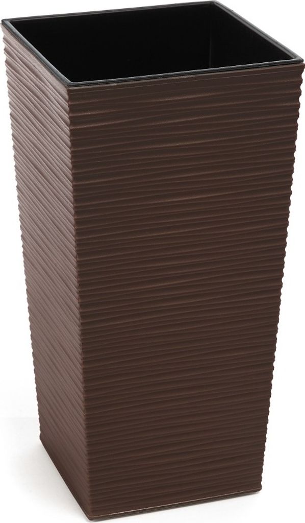 A tall, square, dark brown planter with a textured, ribbed surface.