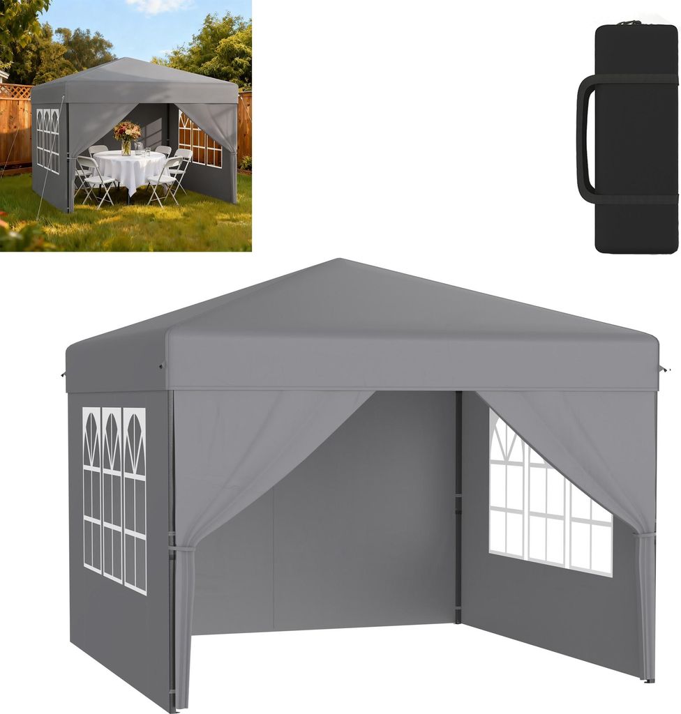 XMTECH Faltpavillon Pop-Up Pavillon 3x3 m, Wasserdicht & UV-Schutz, Ein-Knopf-Schnellaufbau, 3-fach höhenverstellbar, Grau (mit Seitenwände)