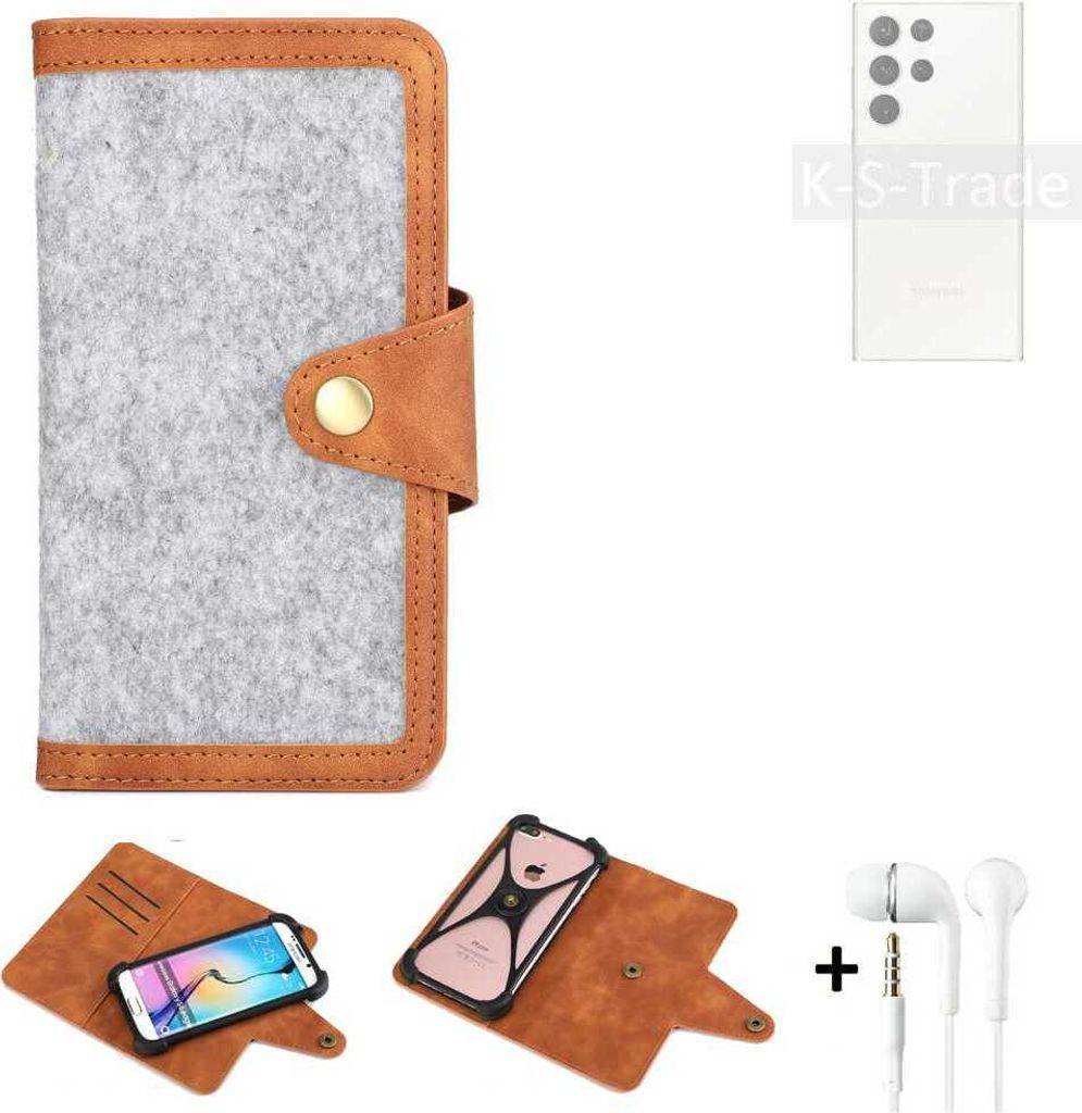 K-S-Trade Handyhülle + Kopfhörer kompatibel mit Samsung Galaxy S23 Ultra Schutzhülle Filz Hülle Kunstleder hellgrau braun (1x)