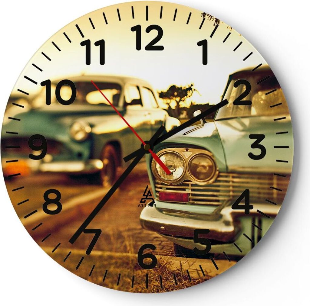 Wanduhr - Rund - Glasuhr - Auto Kuba Klassiker - 30x30cm - Schleichendes Uhrwerk - Lautlos - zum Aufhängen bereit - Dekoration Modern - Wanddekora...