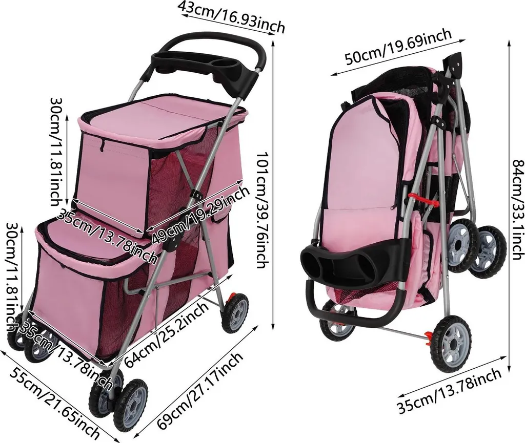 Poussette Double pour Chien et Chat Rose - Pliable et Robuste 20kg Max