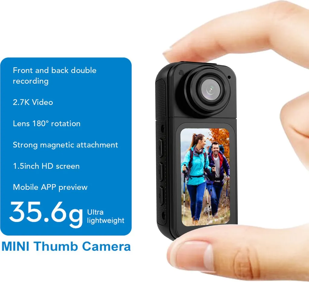 Mini caméra embarquée Wi-Fi rotative 180° haute résolution 2,7K noire