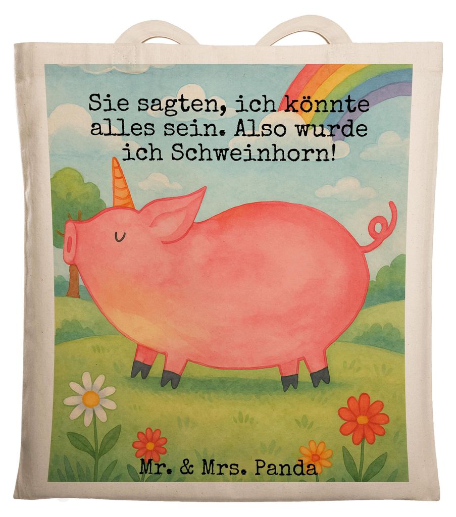 Mr. & Mrs. Panda Beutel Einhorn Schwein Design - Weiß - Geschenk, Unicorn, Einhörner, Piggy, Schultasche, festivaltasche, Büchertasche, Tasche, ...