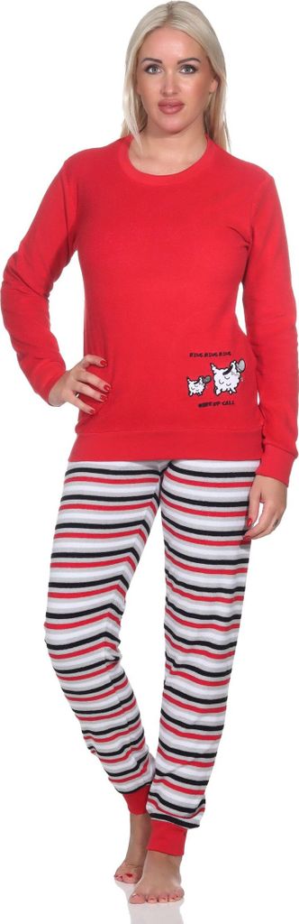 Damen Frottee Pyjama, Hose gestreift, Oberteil mit süssen Tiermotiv - auch in Übergrössen ; rot2 , 40