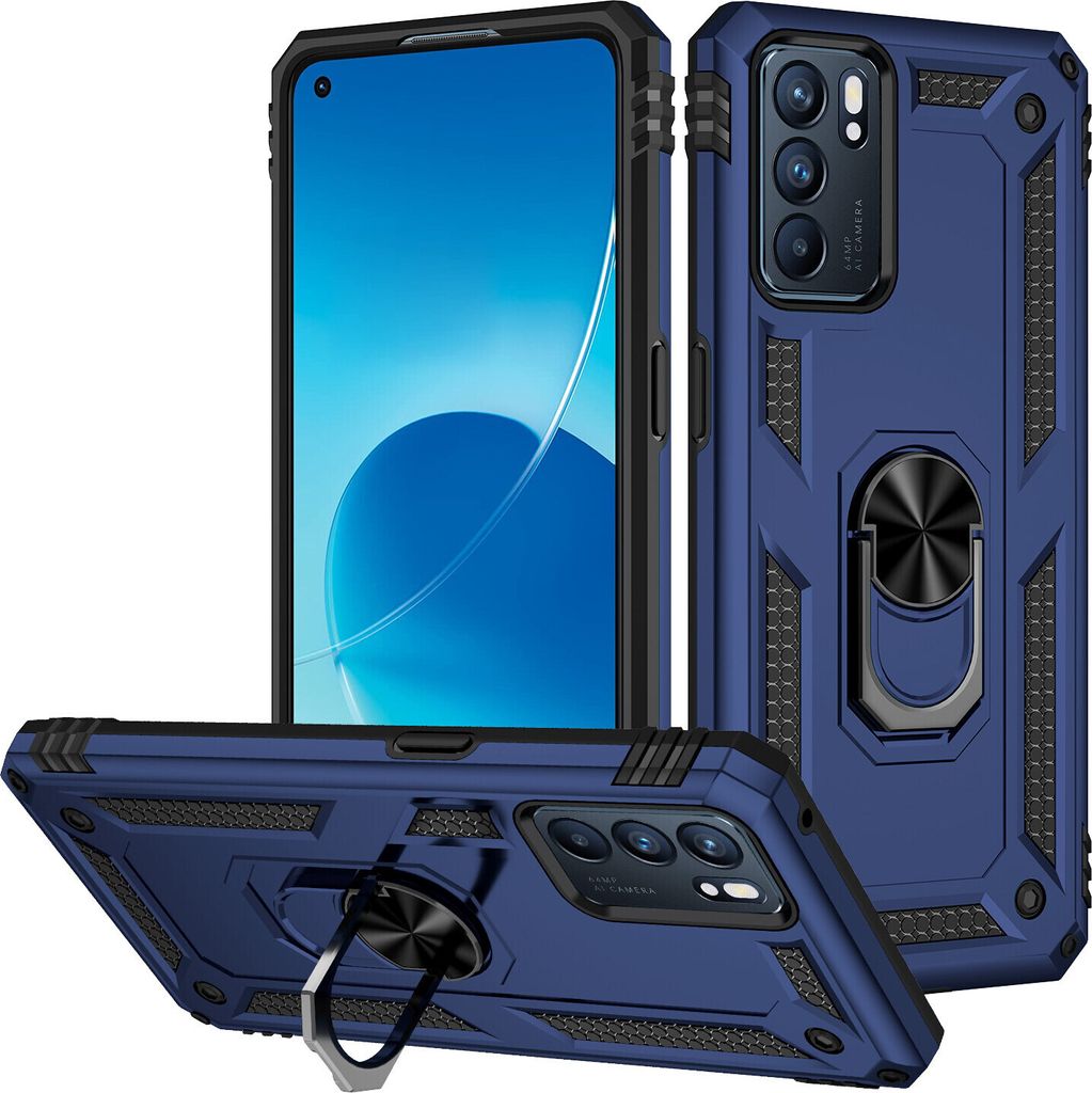 OPPO Reno6 5G Hülle, Dual Layer Robust Militäre Schutzhülle mit Ringhalterung Ständer für OPPO Reno6 5G Blau