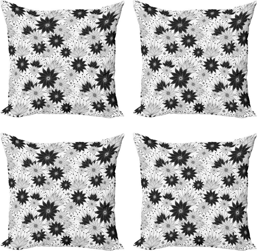 ABAKUHAUS Grau Kissenbezug Set (4 Stück), Blumen-Brautblumen, Moderner Doppelseitiger Digitaldruck, 50 cm x 50 cm, Weiß schwarz