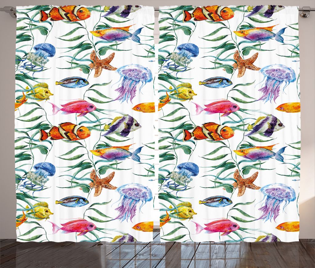 ABAKUHAUS Fisch Rustikaler Gardine, Aquarell Unterwasser, Schlafzimmer Kräuselband Vorhang mit Schlaufen und Haken, 280 x 175 cm, Mehrfarbig