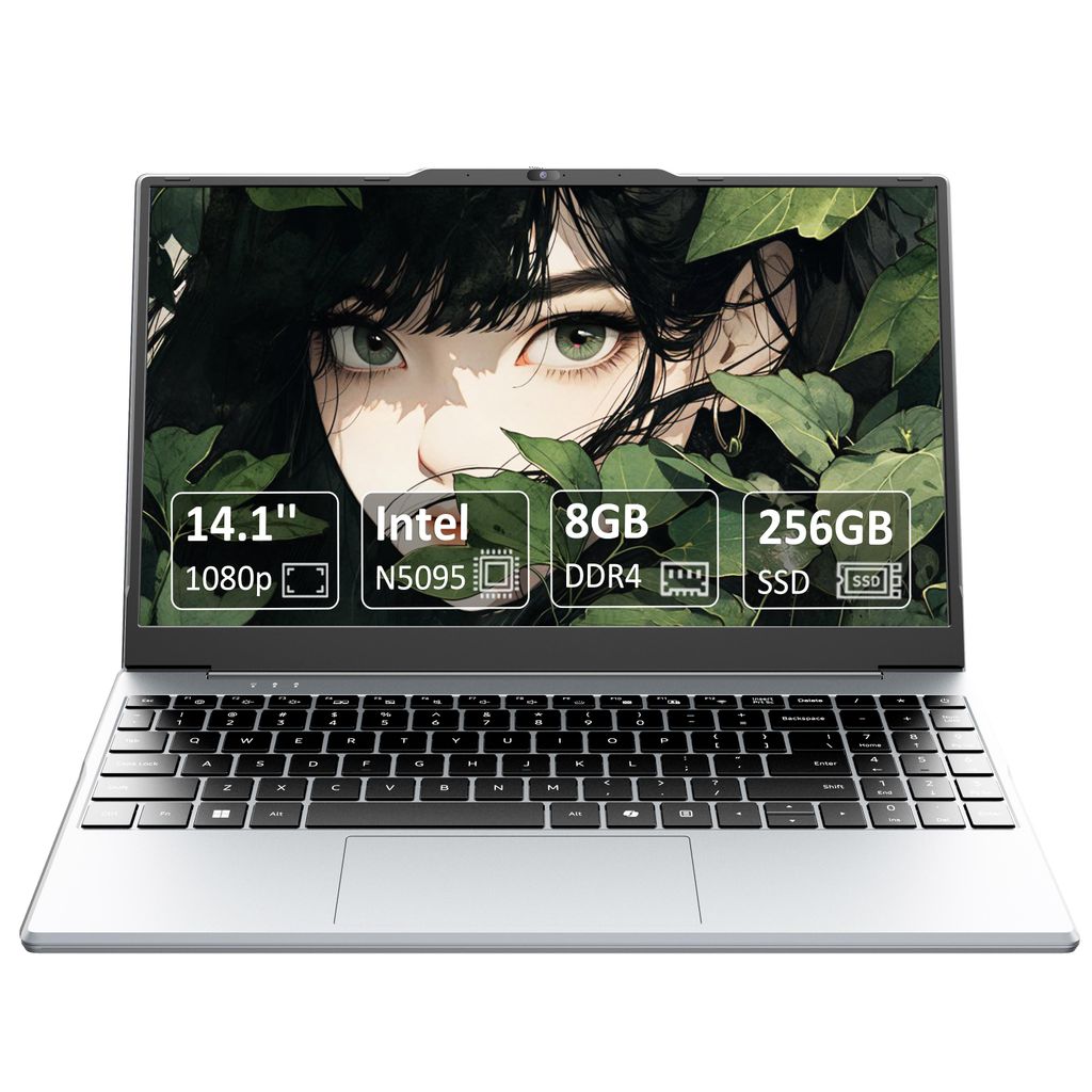 Molegar 14,1-Zoll-Ultraleichtes Notebook Intel Quad-Core N5095 8 GB RAM 256 GB SSD FHD IPS-Display Dualband-5-GHz-WLAN USB-C/MicroSD-Kartenleser Zi...