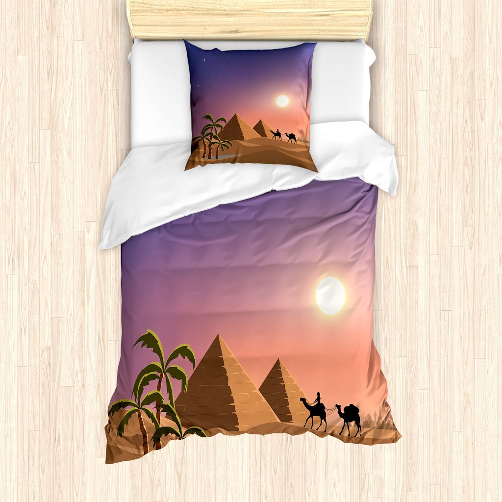 ABAKUHAUS Oase Bettbezug Set für Einzelbetten, Caravan Kamele Wüsten-Szene, Milbensicher Allergiker geeignet mit Kissenbezug, 135 cm x 200 cm - 8...