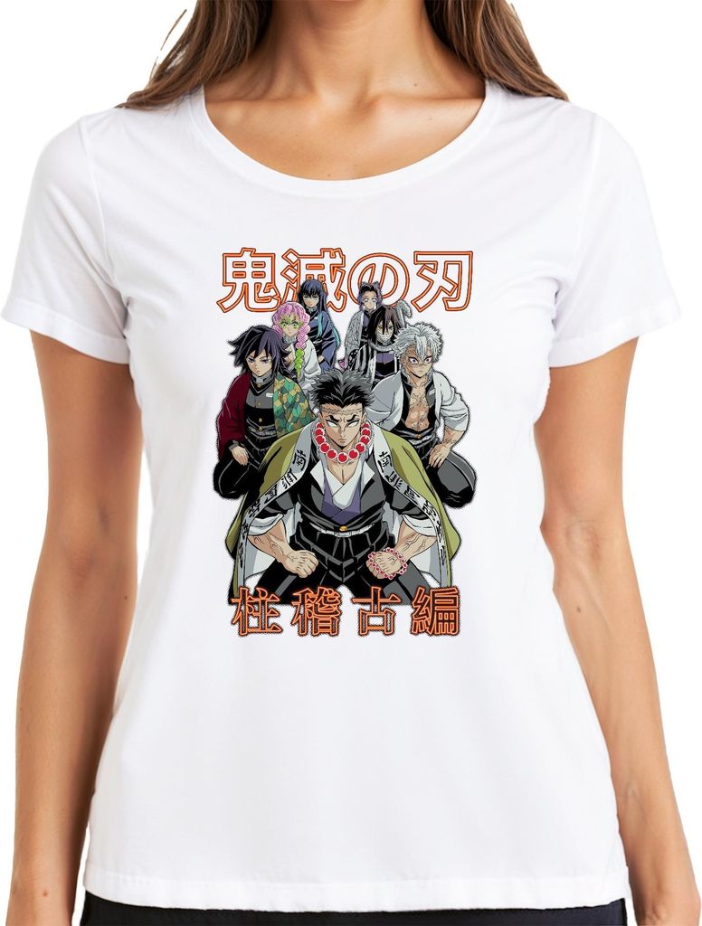 Kimetsu no Yaiba Hashira Dämonenjäger Anime Geschenk Japan Y2K Streetwear Damen T-Shirt, Weiß, L