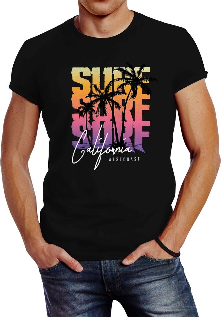 Herren T-Shirt Sommer Surf California Palmen Slim Fit Neverless schwarz-gelb L