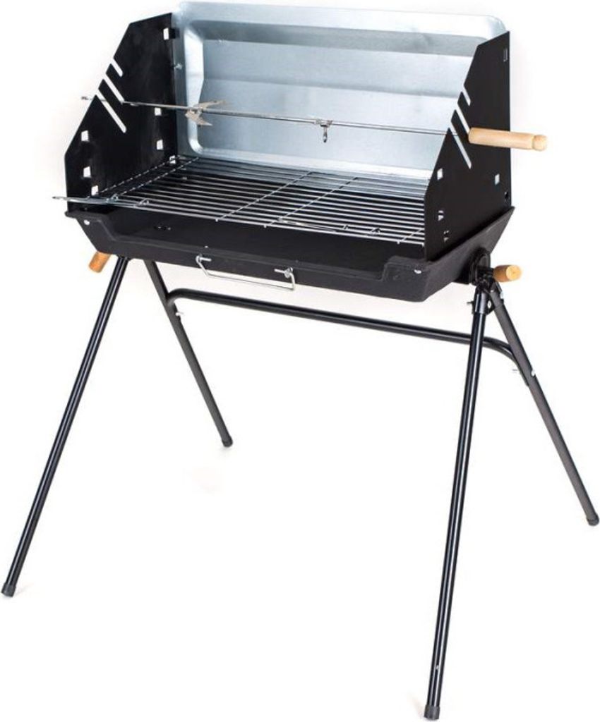 A portable charcoal grill with a rotisserie spit, set against a white background.
