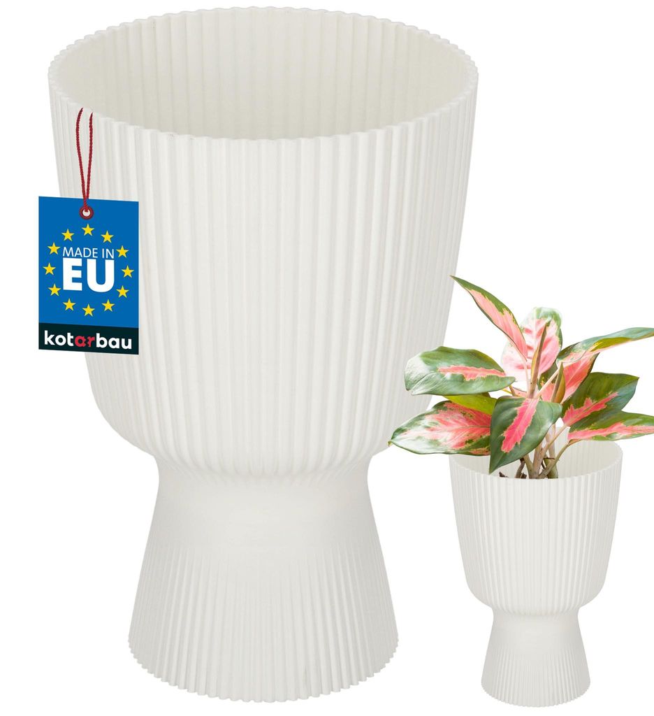 KOTARBAU Blumentopf 14cm Orchideentopf Übertopf für Zimmerpflanzen Pflanzentopf mit Sockel Geriffelt Kelchform Kunststoff Pflanzkübel Weiß
