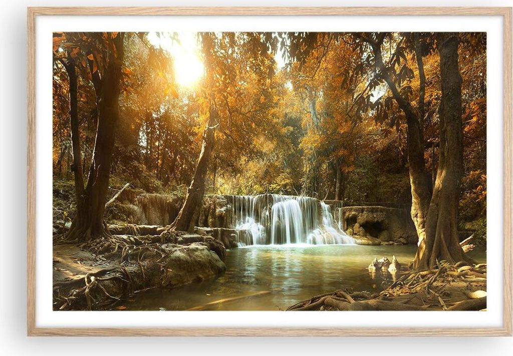 Gerahmtes Poster - Rahmen in heller Eiche - Park Wasserfall Wasser - 91,5x61 cm - Wand Bild - Wanddeko - Wandbilder - Wandposter - Bilderrahmen - B...