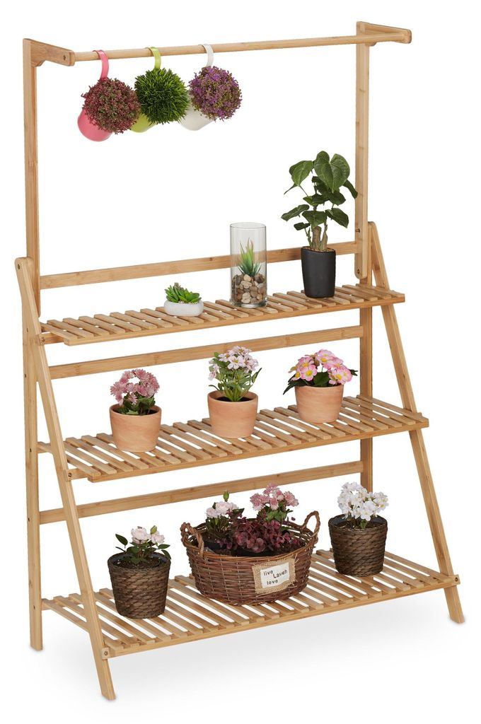 Blumenständer, 3 Etagen & Hängestange, H x B x T 145,5 x 100 x 38 cm, Bambus, faltbarer Pflanzenständer, natur