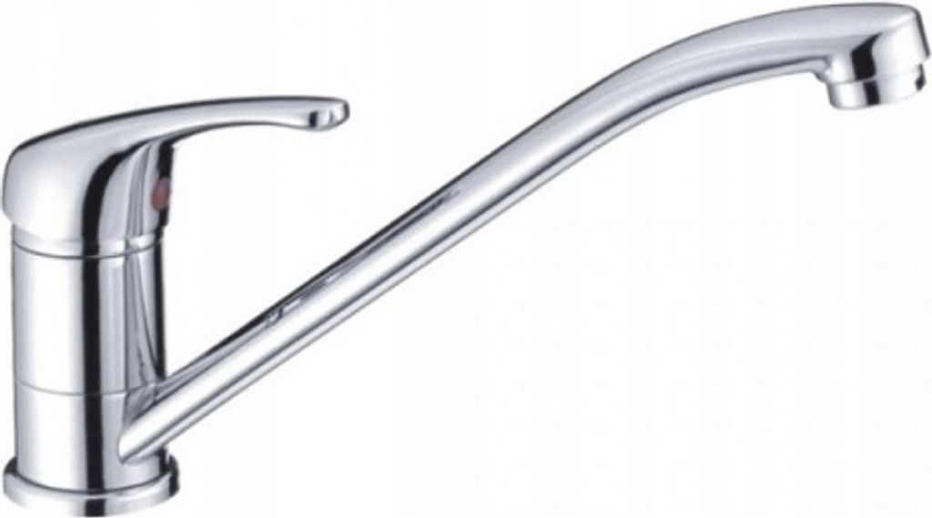 A chrome kitchen faucet against a white background.
