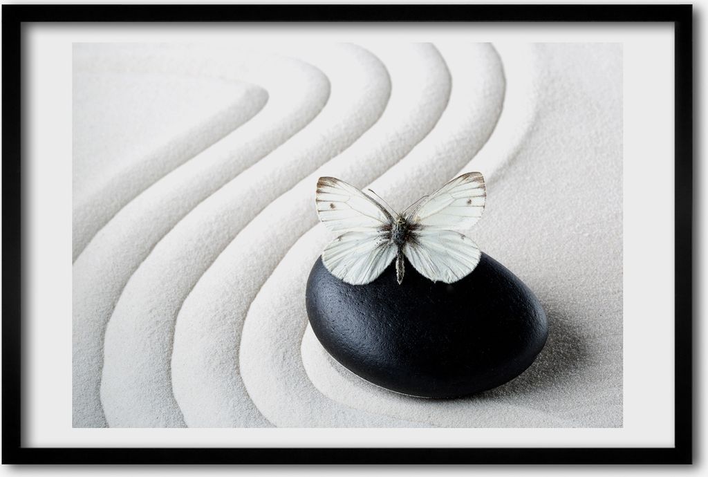 Bild 60x40 MDF-Rahmen, Wandkunst Zen Stein und Schmetterling