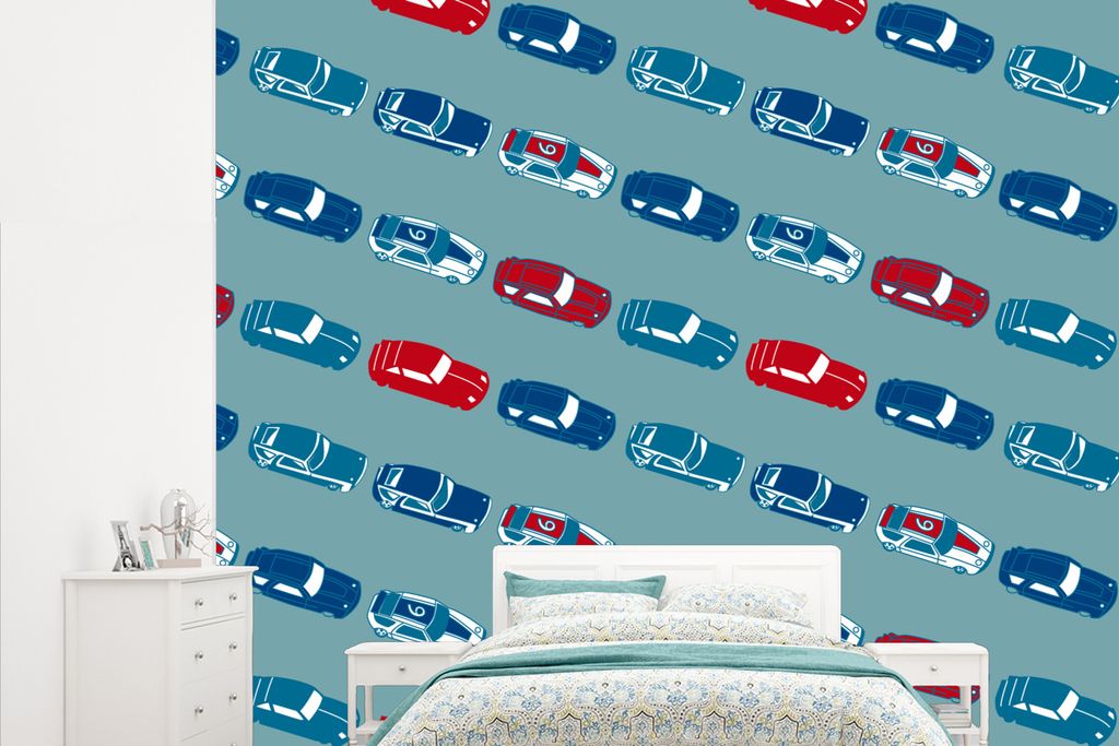 MuchoWow Fototapete für Wohnzimmer oder Schlafzimmer Wandtapete Vinyl Motivtapete Muster - Auto - Rennen - Jungen - Kinder - Kind - 265x220 cm -...
