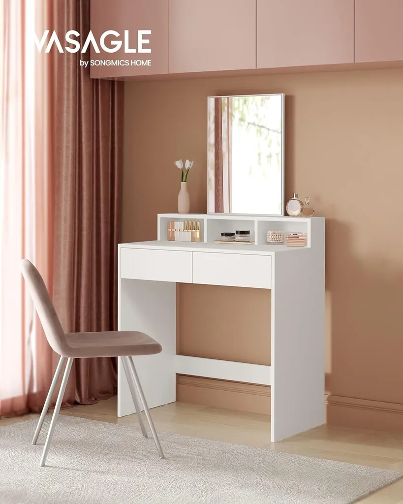 Coiffeuse avec Miroir Rectangulaire et 2 Tiroirs de Rangement, Design