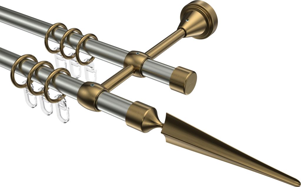 Interdeco Gardinenstange / Vorhangstange Edelstahl-Optik / Messing Antik, Typ Primus Lorenzo (Speer), 16 mm Ø 2-läufig, 440 cm