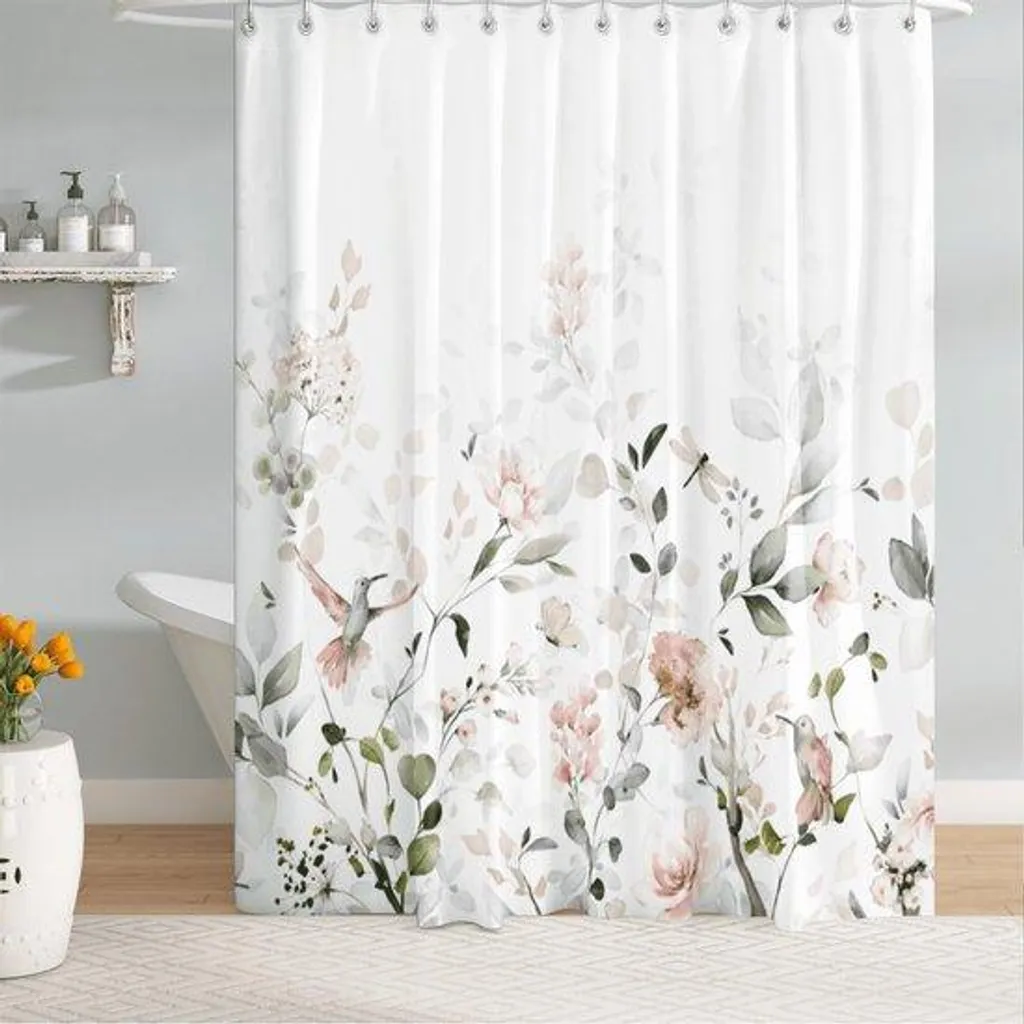 Rideau de douche imperméable vert et rose motif libellules 180x200 cm
