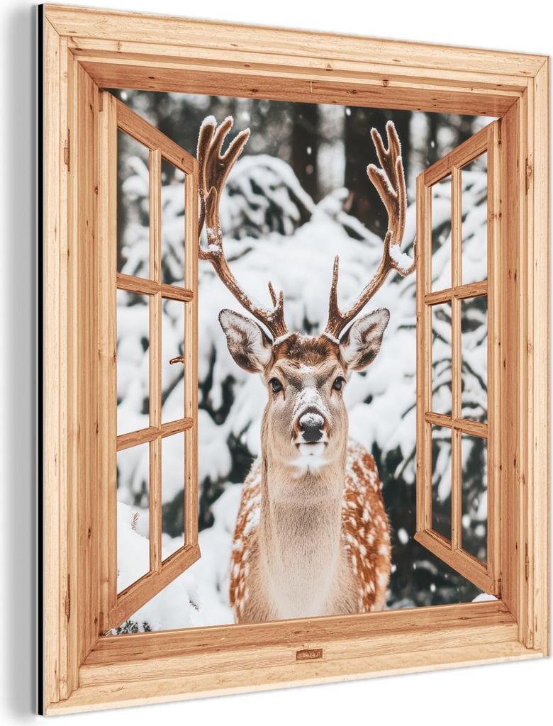 MuchoWow Wanddekoration Metall Metallbild Wandkunst 50x50 cm Durchsichtig - Hirsche - Schnee - Winter - Wald - Tiere MuchoWow Aluminium Gemälde - ...