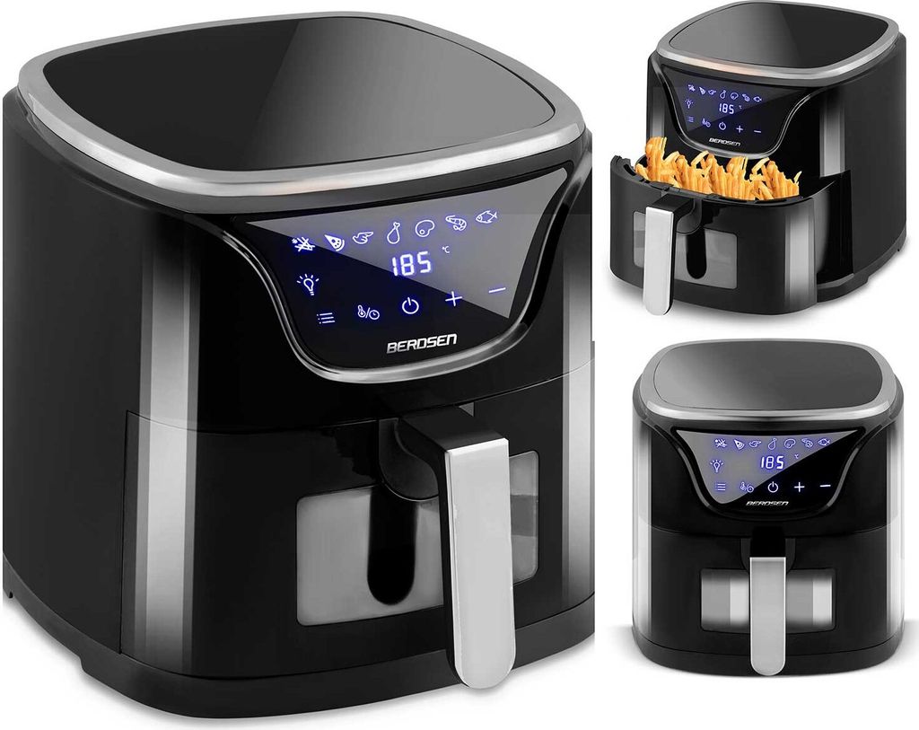 A collage of three images showing a black and silver air fryer from different angles, one with french fries in the basket.